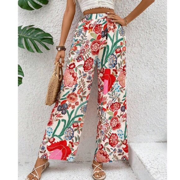 075 Boho Floral Print stretchy Waist Wide Leg Pants - Picture 1 of 4
